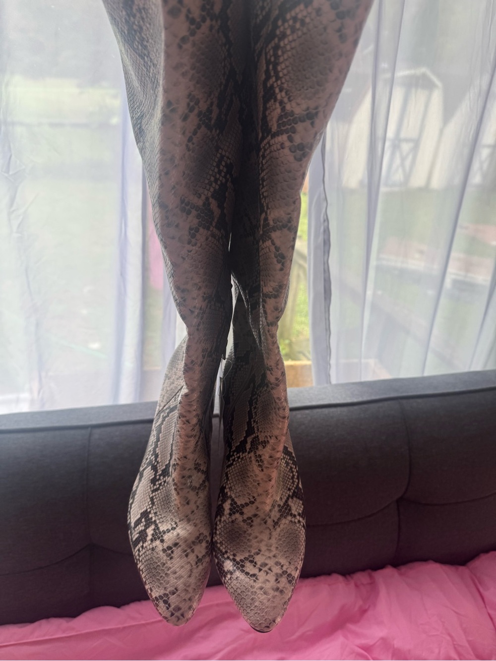 Snake-Print Over-the-Knee Boots in Taupe and Black